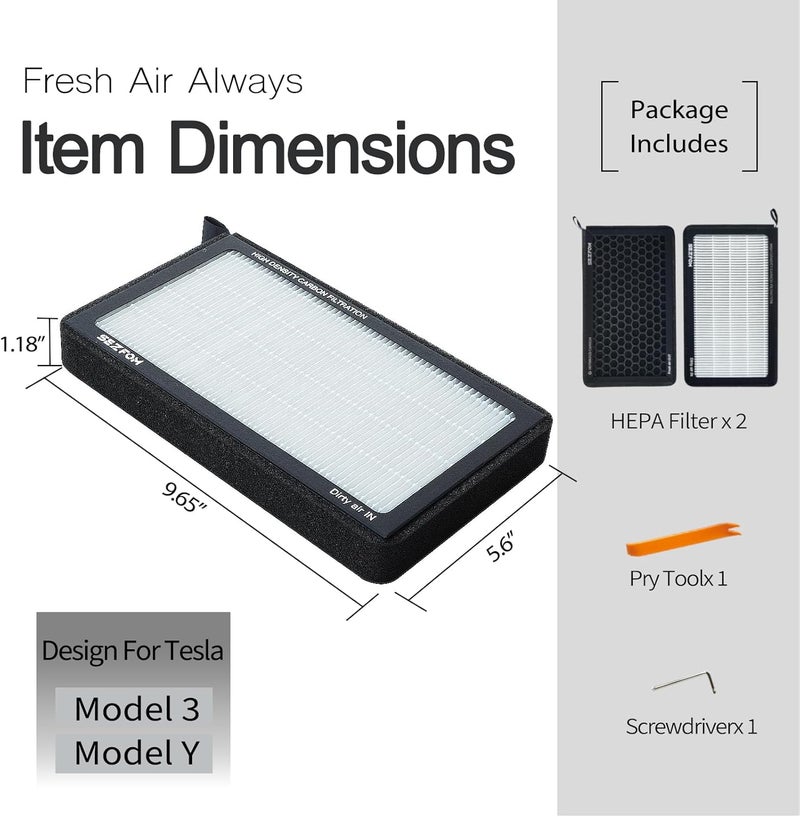 Sezfom Cabin Air Filters for Tesla Model 3 Model Y (2016-2026) with Activated Carbon(2-pack) Dual layer Air Filter Replacement - Image 4